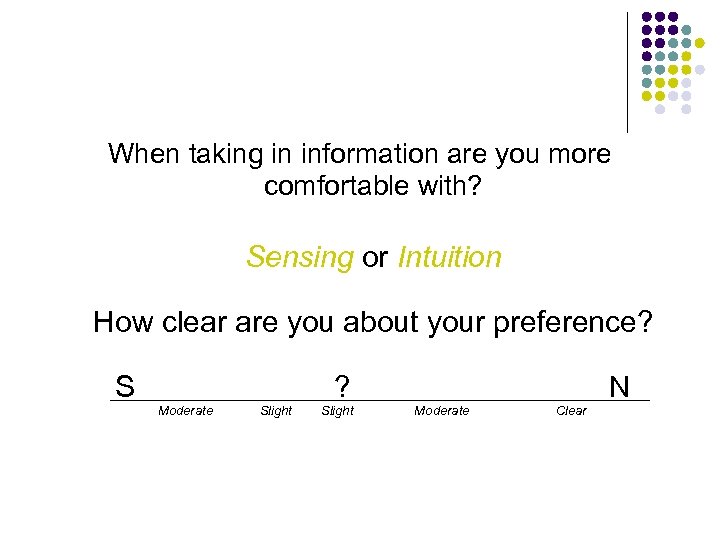 When taking in information are you more comfortable with? Sensing or Intuition How clear