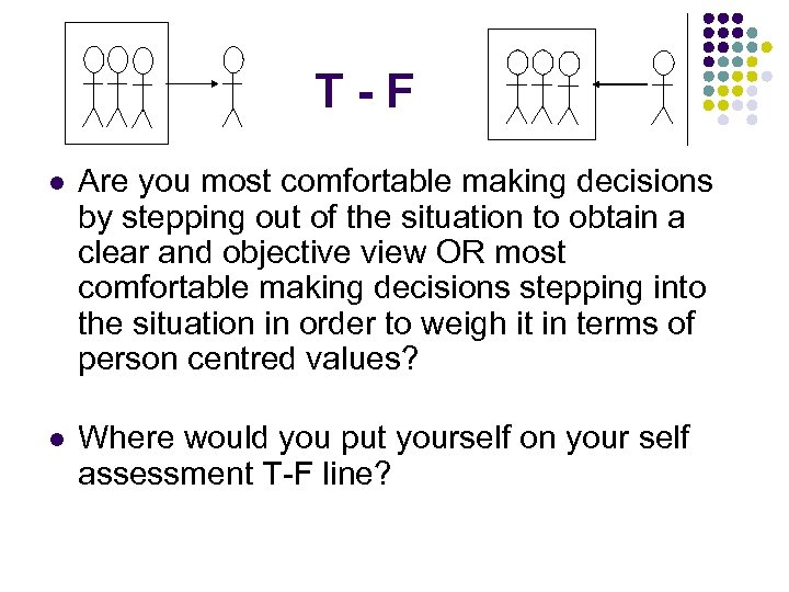 T-F l Are you most comfortable making decisions by stepping out of the situation