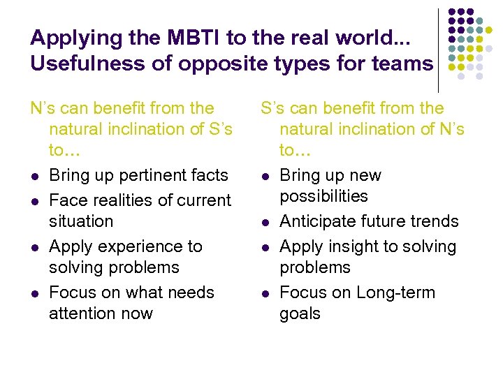 Applying the MBTI to the real world. . . Usefulness of opposite types for