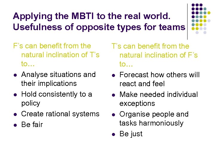 Applying the MBTI to the real world. Usefulness of opposite types for teams F’s