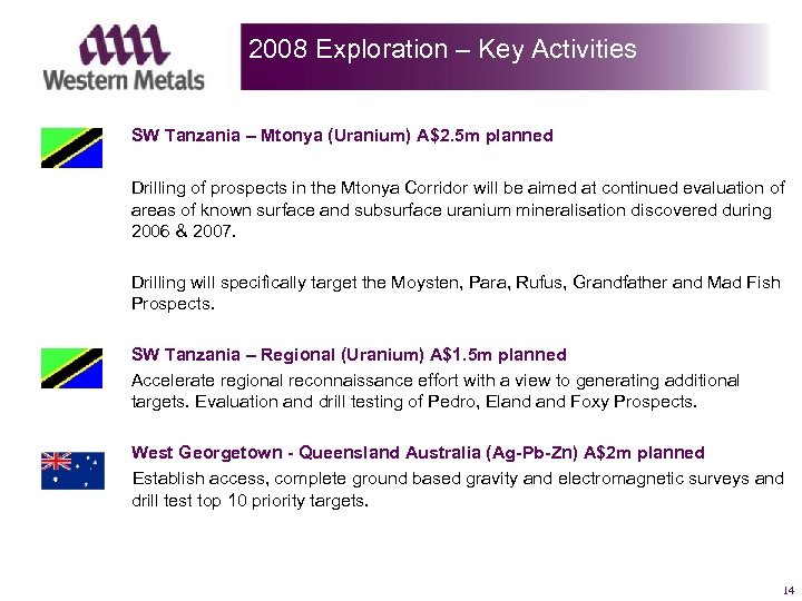 2008 Exploration – Key Activities SW Tanzania – Mtonya (Uranium) A$2. 5 m planned