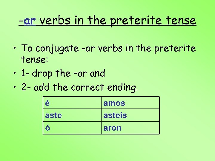 -ar verbs in the preterite tense • To conjugate -ar verbs in the preterite