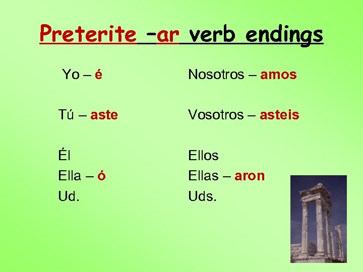 Preterite –ar verb endings Yo – é Nosotros – amos Tú – aste Vosotros