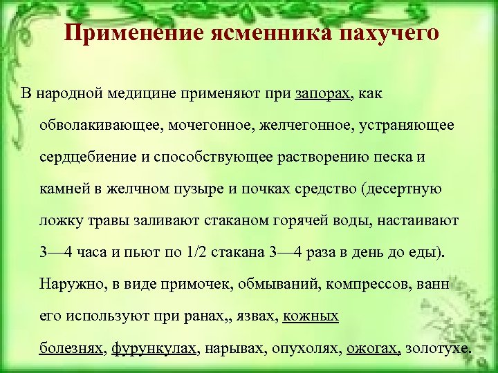 Применение ясменника пахучего В народной медицине применяют при запорах, как обволакивающее, мочегонное, желчегонное, устраняющее