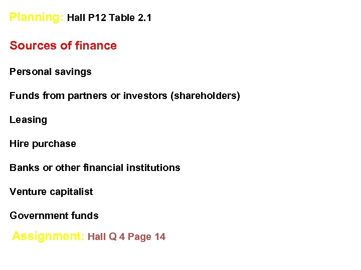 Planning: Hall P 12 Table 2. 1 Sources of finance Personal savings Funds from