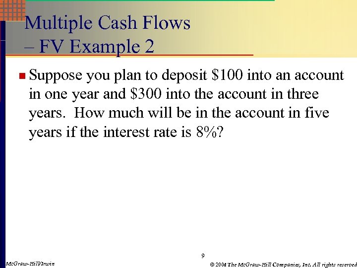 Multiple Cash Flows – FV Example 2 n Suppose you plan to deposit $100