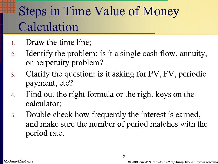 Steps in Time Value of Money Calculation 1. 2. 3. 4. 5. Draw the