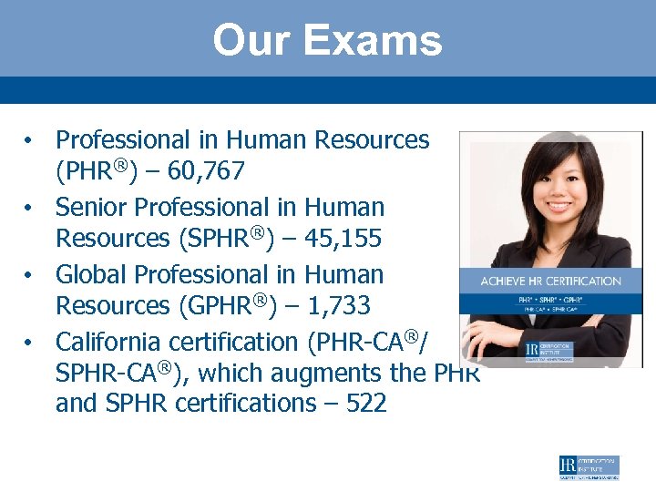 Our Exams • Professional in Human Resources (PHR®) – 60, 767 • Senior Professional