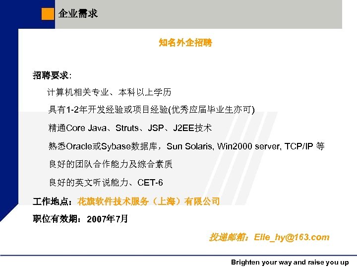 企业需求 知名外企招聘 招聘要求: 计算机相关专业、本科以上学历 具有1 -2年开发经验或项目经验(优秀应届毕业生亦可) 精通Core Java、Struts、JSP、J 2 EE技术 熟悉Oracle或Sybase数据库，Sun Solaris, Win 2000