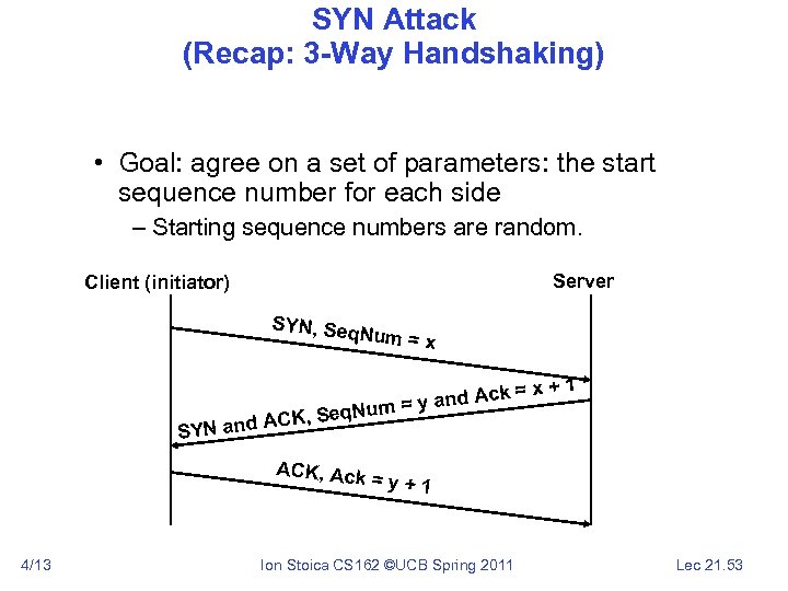 SYN Attack (Recap: 3 -Way Handshaking) • Goal: agree on a set of parameters: