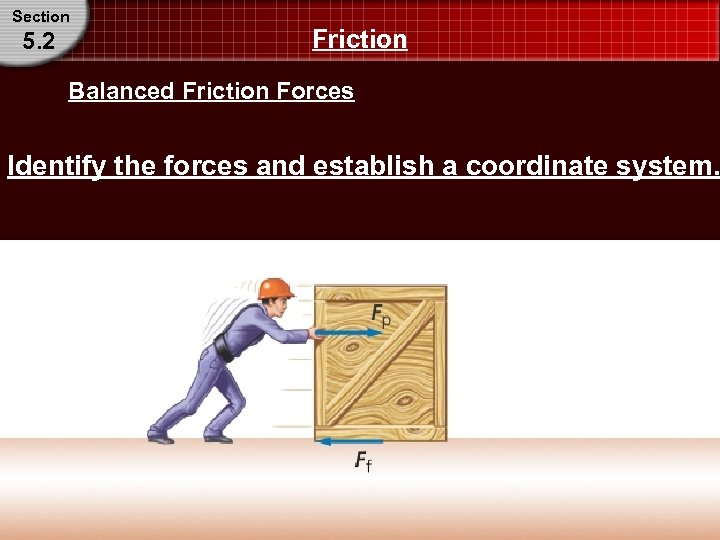 Section 5. 2 Friction Balanced Friction Forces Identify the forces and establish a coordinate