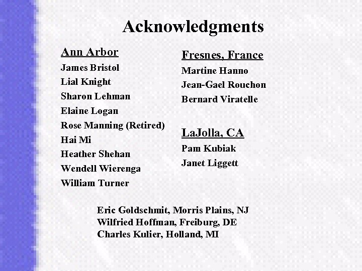 Acknowledgments Ann Arbor Fresnes, France James Bristol Lial Knight Sharon Lehman Elaine Logan Rose