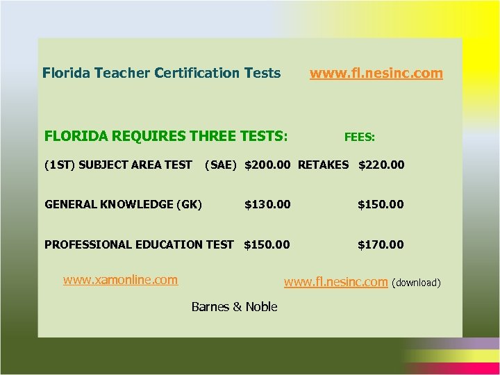 Florida Teacher Certification Tests www. fl. nesinc. com FLORIDA REQUIRES THREE TESTS: (1 ST)