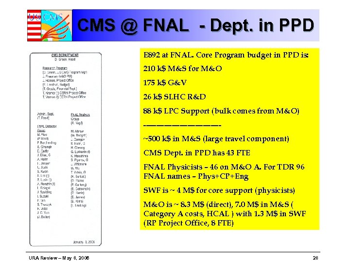 CMS @ FNAL - Dept. in PPD E 892 at FNAL. Core Program budget