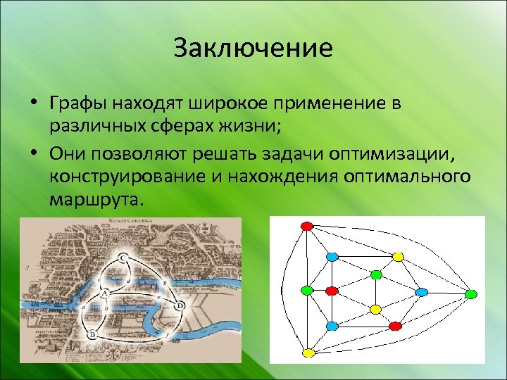 Заключение • Графы находят широкое применение в различных сферах жизни; • Они позволяют решать