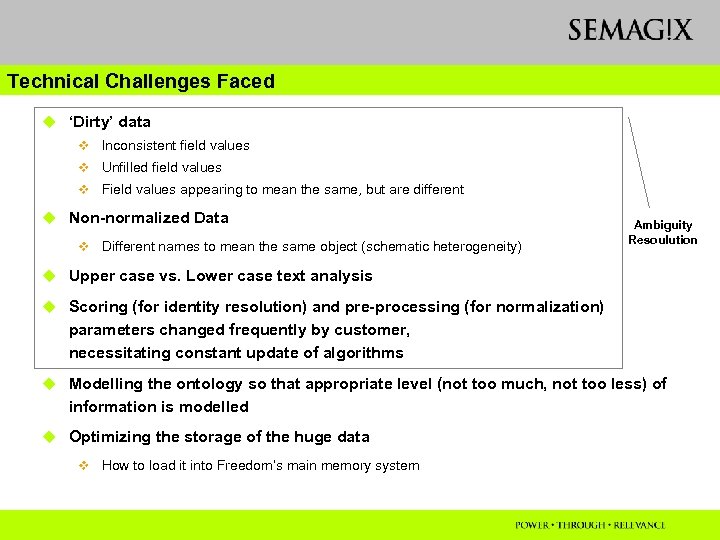 Technical Challenges Faced u ‘Dirty’ data v Inconsistent field values v Unfilled field values