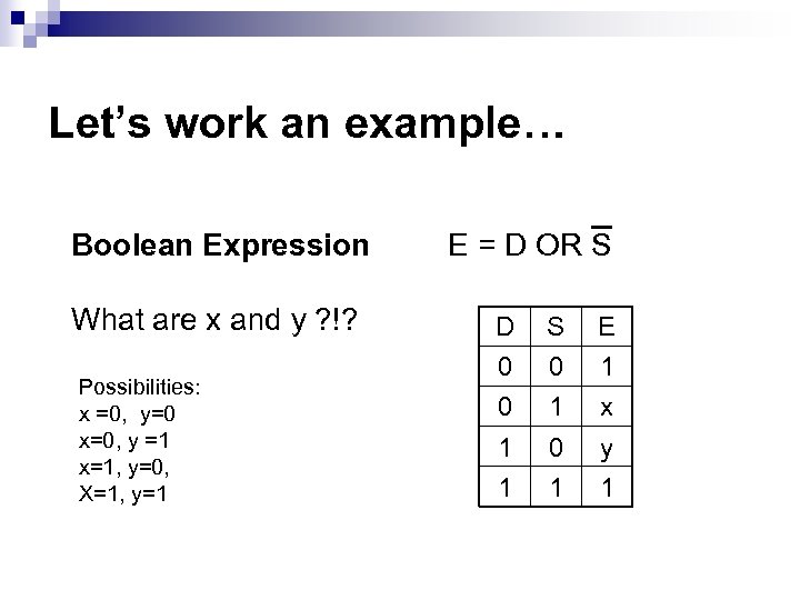 Let’s work an example… Boolean Expression What are x and y ? !? Possibilities: