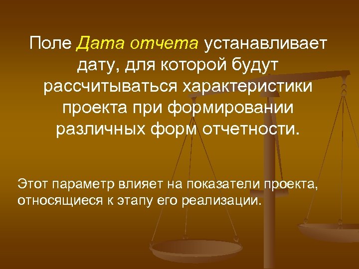Поле Дата отчета устанавливает дату, для которой будут рассчитываться характеристики проекта при формировании различных