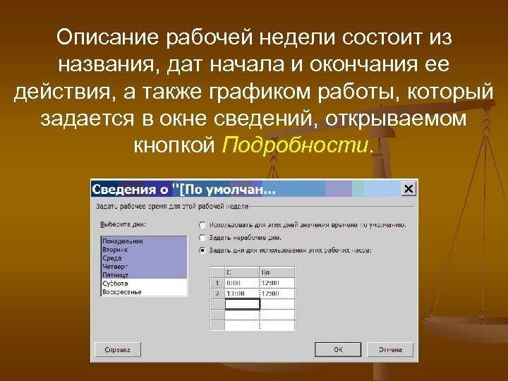 Описание рабочей недели состоит из названия, дат начала и окончания ее действия, а также