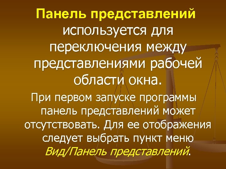 Панель представлений используется для переключения между представлениями рабочей области окна. При первом запуске программы