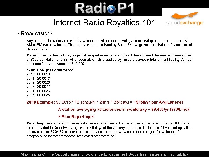 Internet Radio Royalties 101 > Broadcaster < Any commercial webcaster who has a “substantial