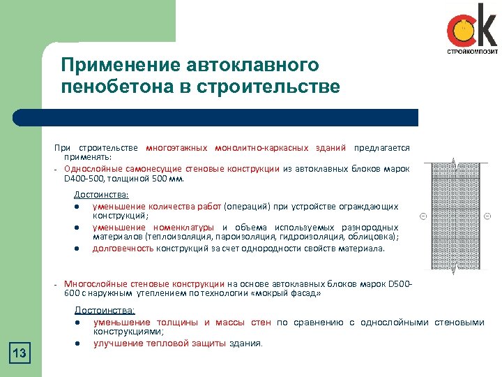 Применение автоклавного пенобетона в строительстве При строительстве многоэтажных монолитно-каркасных зданий предлагается применять: - Однослойные