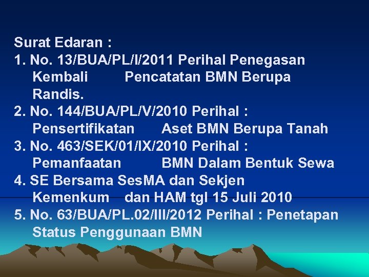 Surat Edaran : 1. No. 13/BUA/PL/I/2011 Perihal Penegasan Kembali Pencatatan BMN Berupa Randis. 2.