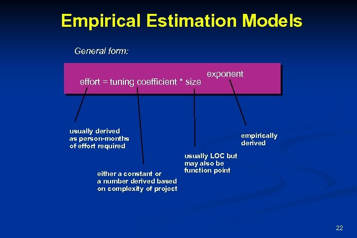 Empirical Estimation Models General form: effort = tuning coefficient * size exponent usually derived