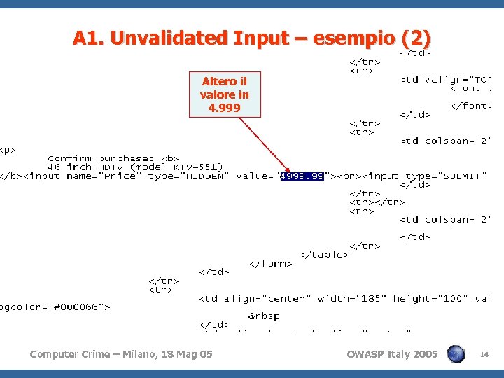 A 1. Unvalidated Input – esempio (2) Altero il valore in 4. 999 Computer