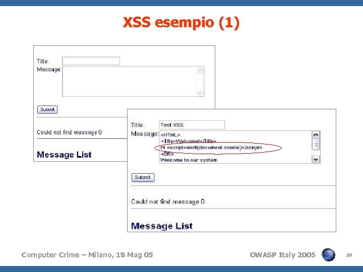 XSS esempio (1) Computer Crime – Milano, 18 Mag 05 OWASP Italy 2005 29