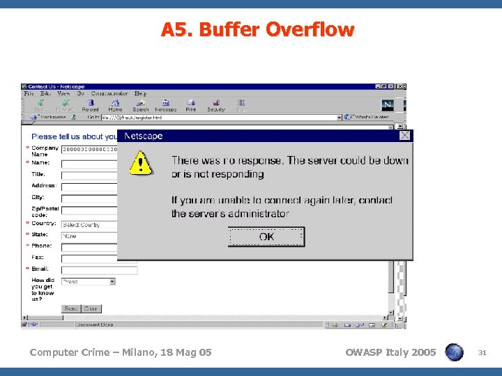 A 5. Buffer Overflow Computer Crime – Milano, 18 Mag 05 OWASP Italy 2005