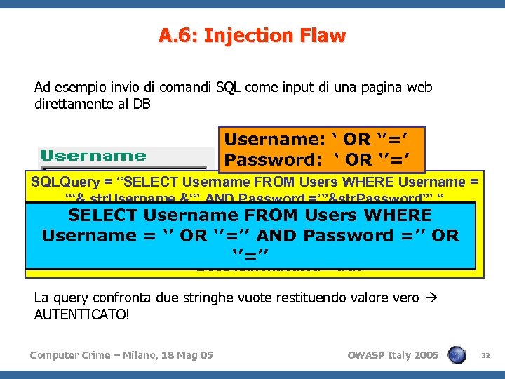 A. 6: Injection Flaw Ad esempio invio di comandi SQL come input di una