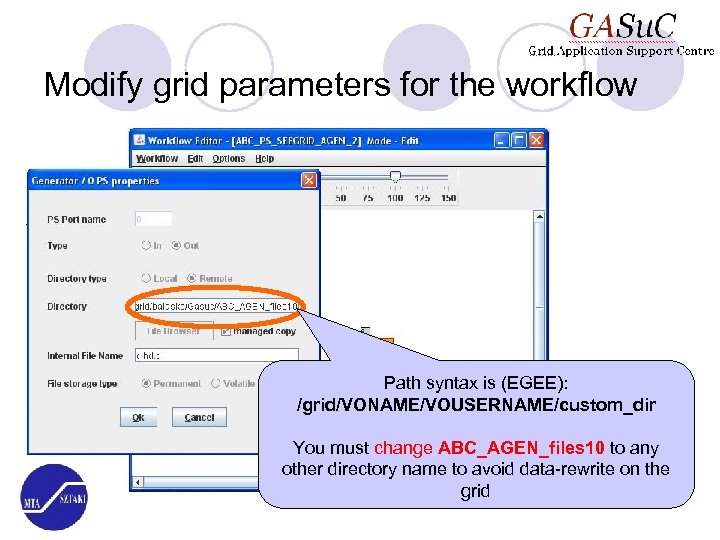 Modify grid parameters for the workflow Path syntax is (EGEE): /grid/VONAME/VOUSERNAME/custom_dir You must change