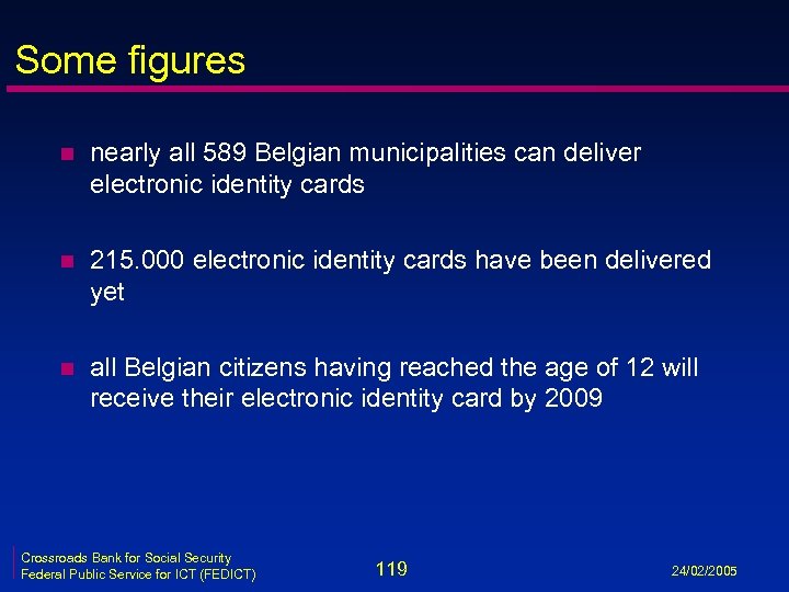 Some figures n nearly all 589 Belgian municipalities can deliver electronic identity cards n