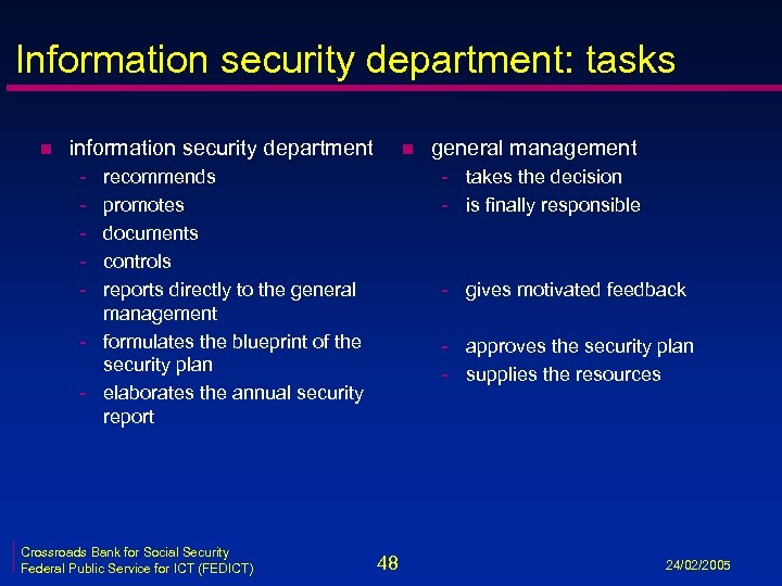 Information security department: tasks n information security department - general management - takes the