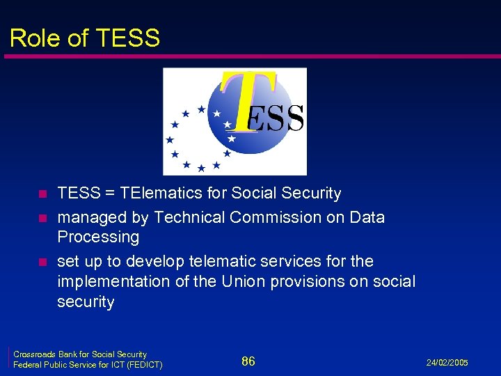 Role of TESS n n n TESS = TElematics for Social Security managed by
