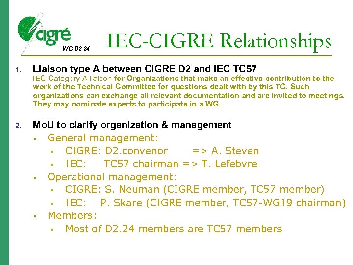 WG D 2. 24 1. IEC-CIGRE Relationships Liaison type A between CIGRE D 2