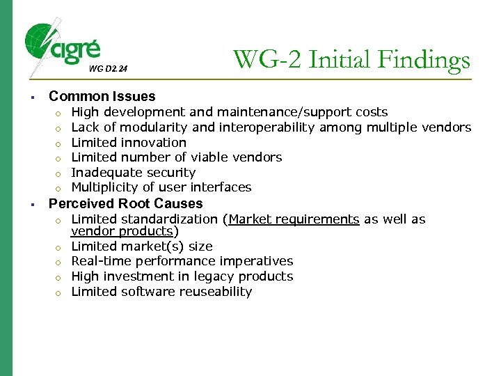 WG D 2. 24 Common Issues o o o WG-2 Initial Findings High development