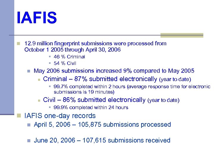 IAFIS n 12. 9 million fingerprint submissions were processed from October 1 2005 through