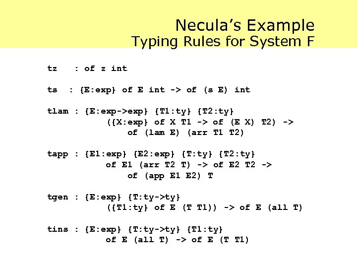 Necula’s Example Typing Rules for System F tz ts : of z int :