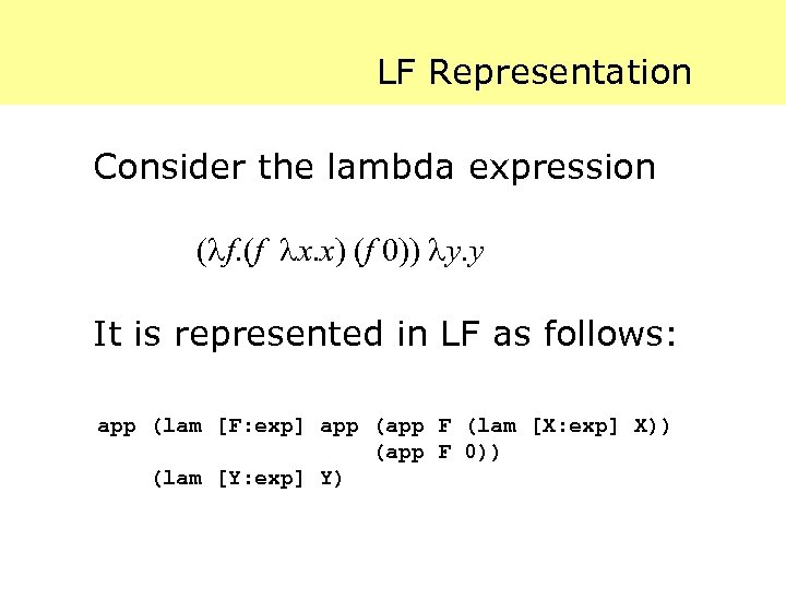 LF Representation Consider the lambda expression ( f. (f x. x) (f 0)) y.
