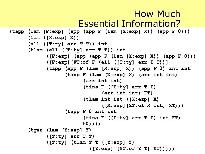 How Much Essential Information? (tapp (lam [F: exp] (app F (lam [X: exp] X))