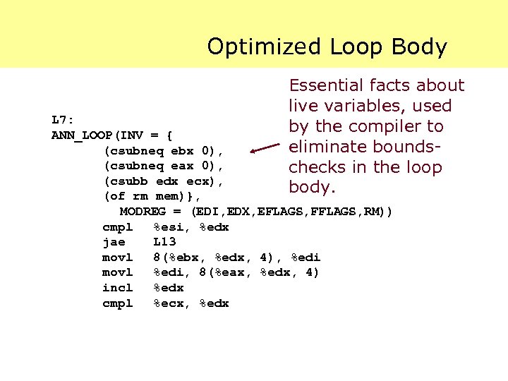 Optimized Loop Body Essential facts about live variables, used by the compiler to eliminate