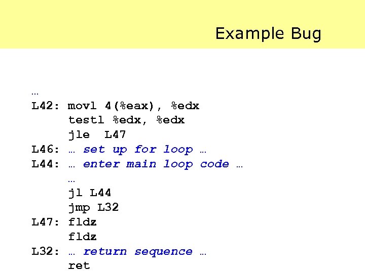 Example Bug … L 42: movl 4(%eax), %edx testl %edx, %edx jle L 47