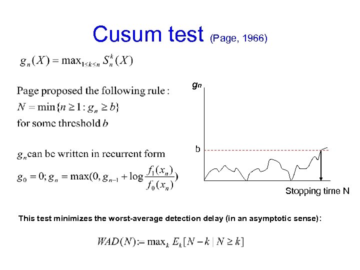 Cusum test (Page, 1966) gn b Stopping time N This test minimizes the worst-average