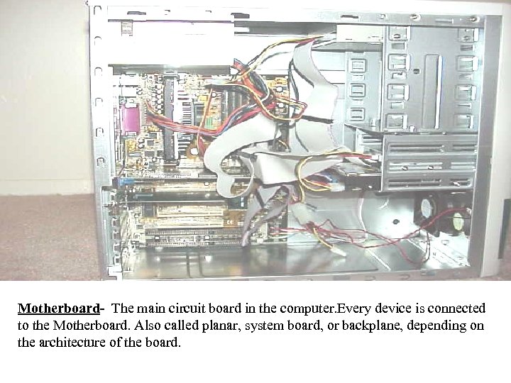 Motherboard- The main circuit board in the computer. Every device is connected to the
