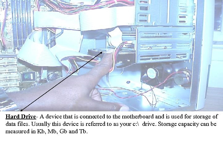 Hard Drive A device that is connected to the motherboard and is used for