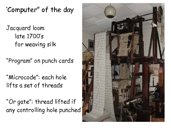 ‘Computer” of the day Jacquard loom late 1700’s for weaving silk “Program” on punch