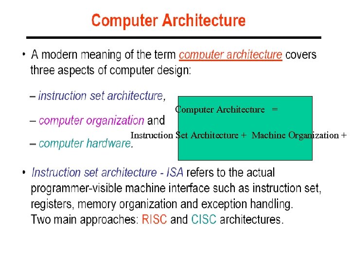 Computer Architecture = Instruction Set Architecture + Machine Organization + … 